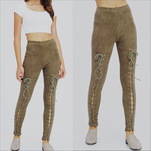 MODA ME COUTURE Pants - OLIVE LACEUP SUEDE PANTS